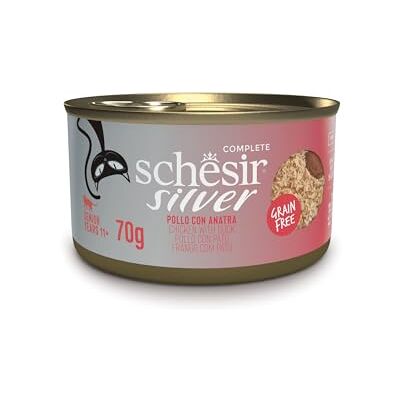 Schesir Silver, Kip Met Eend In Mousse En Filets, Volledig Natvoer Voor Oudere Katten, Graanvrij, Ondersteunt Het Immuunsysteem, Rijk Aan Hydratatie, 12 x 70g Schesir Silver, Kip Met Eend In Mousse En Filets, Volledig Natvoer Voor Oudere Katten, Graanvrij, Ondersteunt Het Immuunsysteem, Rijk Aan Hydratatie, 12 x 70g