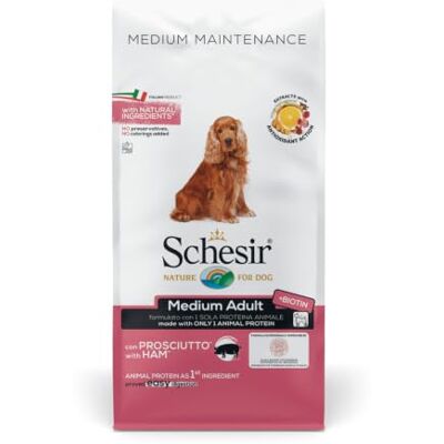 Schesir , Droogvoer voor volwassen honden middelgroot met hamsmaak, lijnverzorging in kroketten zak 12 kg Schesir , Droogvoer voor volwassen honden middelgroot met hamsmaak, lijnverzorging in kroketten zak 12 kg