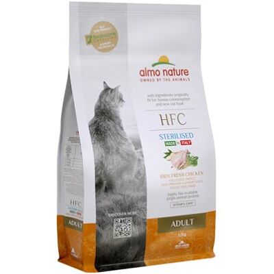 almo nature HFC Adult Sterilised droogvoer voor katten met kip, oorspronkelijk schoon voor menselijke consumptie en nu gebruikt als kattenvoer. almo nature HFC Adult Sterilised droogvoer voor katten met kip, oorspronkelijk schoon voor menselijke consumptie en nu gebruikt als kattenvoer.
