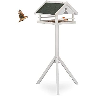 Relaxdays vogelvoederhuisje op standaard, weerbestendig dak, HBD: 120 x 62 x 55 cm, houten voederhuisje, pimpelmees, wit Relaxdays vogelvoederhuisje op standaard, weerbestendig dak, HBD: 120 x 62 x 55 cm, houten voederhuisje, pimpelmees, wit