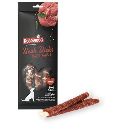 Rosewood Steak Sticks Rund & Koolvis Large Runderhuid Kauwsnack voor Honden, Ondersteunt Gebitsverzorging, Zonder Granen, Zonder Kunstmatige Toevoegingen, 240 g Rosewood Steak Sticks Rund & Koolvis Large Runderhuid Kauwsnack voor Honden, Ondersteunt Gebitsverzorging, Zonder Granen, Zonder Kunstmatige Toevoegingen, 240 g