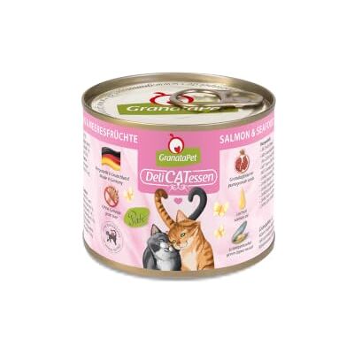 GranataPet DeliCatessen zalm & zeevruchten, natte voer voor je kat, voedsel voor katten zonder granen en zonder toegevoegde suikers, lekker en gezond voer voor gourmets, 6 x 200 g blikken GranataPet DeliCatessen zalm & zeevruchten, natte voer voor je kat, voedsel voor katten zonder granen en zonder toegevoegde suikers, lekker en gezond voer voor gourmets, 6 x 200 g blikken