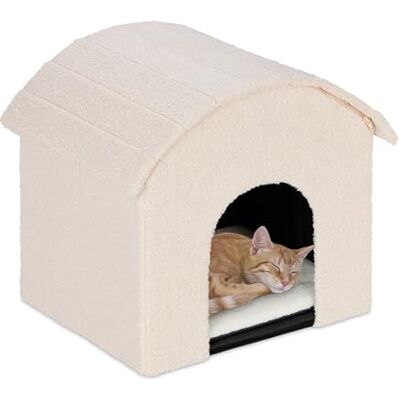 Relaxdays kattenhuis binnen, inklapbaar, donzig, kattenholletje met kraboppervlak, HBD: 44 x 48 x 41 cm, met dak, beige Relaxdays kattenhuis binnen, inklapbaar, donzig, kattenholletje met kraboppervlak, HBD: 44 x 48 x 41 cm, met dak, beige