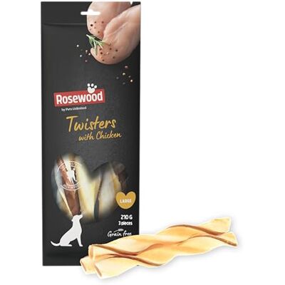 Rosewood Twisters Kip Large Stevige Runderhuid Kauwsnack voor Grote Honden, Grote Kauwstick met Kip, Ondersteunt Gebitsverzorging, Zonder Granen en Gluten, Zonder Kunstmatige Toevoegingen, 210 g Rosewood Twisters Kip Large Stevige Runderhuid Kauwsnack voor Grote Honden, Grote Kauwstick met Kip, Ondersteunt Gebitsverzorging, Zonder Granen en Gluten, Zonder Kunstmatige Toevoegingen, 210 g