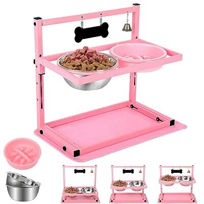 SHAINFUN Roze verhoogde hondenbakstandaard met twee 1700 ml roestvrijstalen voerbak, een langzame hondenvoerbak en morsbestendige mat, verstelbare hondenvoerbak, verhoogde hondenbakken voor grote, SHAINFUN Roze verhoogde hondenbakstandaard met twee 1700 ml roestvrijstalen voerbak, een langzame hondenvoerbak en morsbestendige mat, verstelbare hondenvoerbak, verhoogde hondenbakken voor grote,
