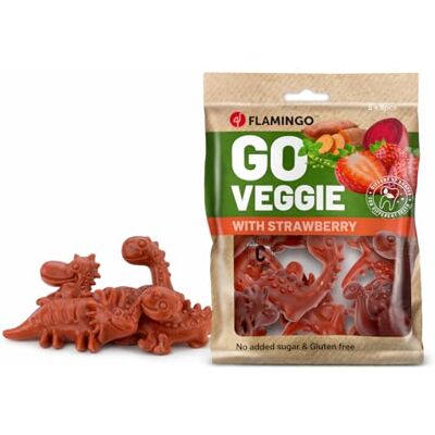 Flamingo VEGGIE DINO MET AARDBEI S 8ST 120GR Flamingo VEGGIE DINO MET AARDBEI S 8ST 120GR