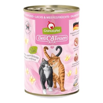 GranataPet DeliCatessen zalm & zeevruchten, natte voer voor je kat, voedsel voor katten zonder granen en zonder toegevoegde suikers, lekker en gezond voer voor gourmets, 6 x 400 g blikken GranataPet DeliCatessen zalm & zeevruchten, natte voer voor je kat, voedsel voor katten zonder granen en zonder toegevoegde suikers, lekker en gezond voer voor gourmets, 6 x 400 g blikken