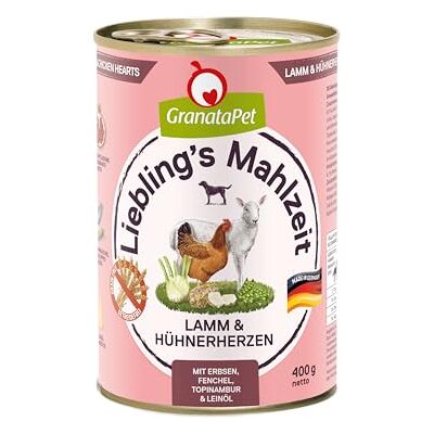 GranataPet Lieblings's Maaltijd lam & kippenhart, natvoer voor honden, hondenvoer zonder granen en zonder suikertoevoegingen, volledig voer, 6 x 400 g GranataPet Lieblings's Maaltijd lam & kippenhart, natvoer voor honden, hondenvoer zonder granen en zonder suikertoevoegingen, volledig voer, 6 x 400 g