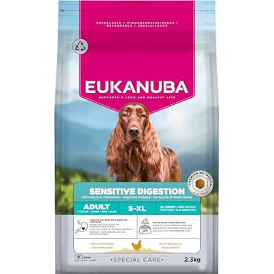 Eukanuba Sensitive Digestion Hondenvoer met kip en licht verteerbare rijst, maagvriendelijk Special Care droogvoer voor volwassen honden met gevoelige spijsvertering, 2,3 kg Eukanuba Sensitive Digestion Hondenvoer met kip en licht verteerbare rijst, maagvriendelijk Special Care droogvoer voor volwassen honden met gevoelige spijsvertering, 2,3 kg