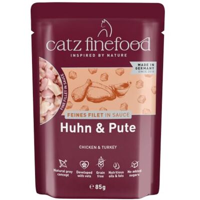 Catz finefood Kip & Kalkoen Fijne filet Adult kattenvoer, nat, graanvrij, zonder toegevoegde suiker, met zonnebloemolie voor een evenwichtige spijsvertering, Made in Germany (16 x 85 g zak) Catz finefood Kip & Kalkoen Fijne filet Adult kattenvoer, nat, graanvrij, zonder toegevoegde suiker, met zonnebloemolie voor een evenwichtige spijsvertering, Made in Germany (16 x 85 g zak)