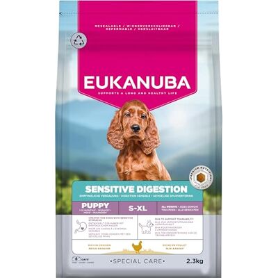 Eukanuba Sensitive Digestion Puppyvoer met kip en goed verteerbare rijst maagvriendelijk special care droogvoer voor junior honden met een gevoelige spijsvertering, 2,3 kg Eukanuba Sensitive Digestion Puppyvoer met kip en goed verteerbare rijst maagvriendelijk special care droogvoer voor junior honden met een gevoelige spijsvertering, 2,3 kg
