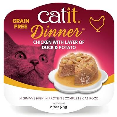 catit Kippenvlees Dinner, premium natvoer voor katten, graanvrij, eiwitrijk, met eendenvlees en aardappelen, compleet voer, per stuk, 80 g catit Kippenvlees Dinner, premium natvoer voor katten, graanvrij, eiwitrijk, met eendenvlees en aardappelen, compleet voer, per stuk, 80 g
