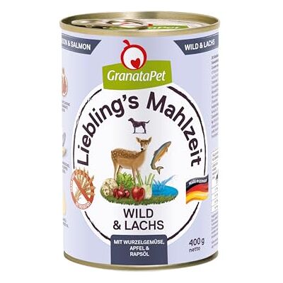 GranataPet Lieblings's Maaltijd Wild & Zalm, natvoer voor honden, hondenvoer zonder granen en zonder suikertoevoegingen, volledig voer, 6 x 400 g Compleet voer, graanvrij, zonder toegevoegde suiker, groene mossel, made in Germany GranataPet Lieblings's Maaltijd Wild & Zalm, natvoer voor honden, hondenvoer zonder granen en zonder suikertoevoegingen, volledig voer, 6 x 400 g Compleet voer, graanvrij, zonder toegevoegde suiker, groene mossel, made in Germany