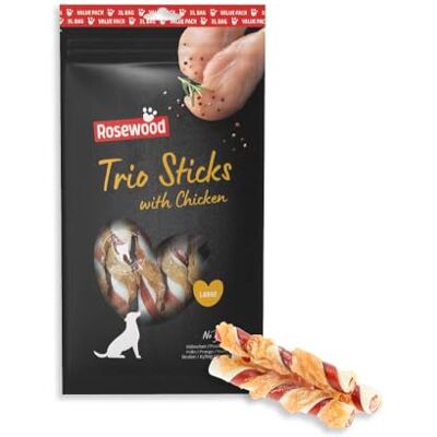 Rosewood Trio Sticks Kip Large Stevige Kauwsticks met Kip, Runderhuid Kauwsnack voor Grote Honden, Ondersteunt Gebitsverzorging, Zonder Granen, Zonder Kunstmatige Toevoegingen, 800 g Rosewood Trio Sticks Kip Large Stevige Kauwsticks met Kip, Runderhuid Kauwsnack voor Grote Honden, Ondersteunt Gebitsverzorging, Zonder Granen, Zonder Kunstmatige Toevoegingen, 800 g