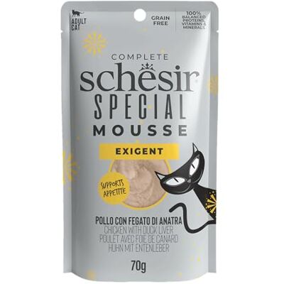 Schesir Special Exigent, Kipfilets Met Eend In Mousse, Volledig Natvoer Voor Katten, In Zak, Graanvrij, Hoog Eiwitgehalte, Rijk Aan Hydratatie, 12 x 70g Schesir Special Exigent, Kipfilets Met Eend In Mousse, Volledig Natvoer Voor Katten, In Zak, Graanvrij, Hoog Eiwitgehalte, Rijk Aan Hydratatie, 12 x 70g