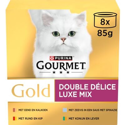 Gourmet Gold Luxe mix Kattenvoer, Natvoer met Rund en Kip, Eend en Kalkoen, Konijn en Lever, Zeevis in Saus met Spinazie 8x85g doos van 6 (48 blikjes; 4,08kg) Gourmet Gold Luxe mix Kattenvoer, Natvoer met Rund en Kip, Eend en Kalkoen, Konijn en Lever, Zeevis in Saus met Spinazie 8x85g doos van 6 (48 blikjes; 4,08kg)