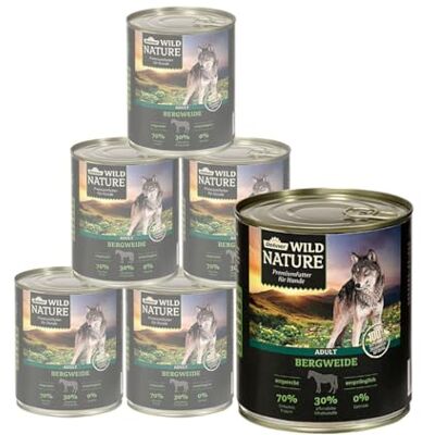 Dehner Wild Nature Bergweide Hondenvoer, natvoer zonder granen, suikervrij, voor volwassen honden, paard, blik van 6 x 800 g (4,8 kg) Dehner Wild Nature Bergweide Hondenvoer, natvoer zonder granen, suikervrij, voor volwassen honden, paard, blik van 6 x 800 g (4,8 kg)