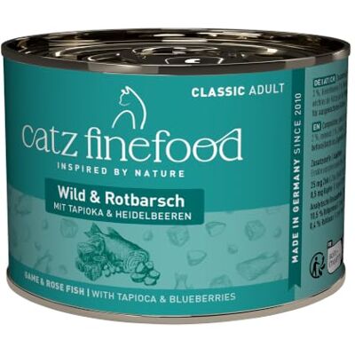 Catz finefood N° 21 Wild & rode baars fijnkost kattenvoer nat en verfijnd met aardappel & bosbessen, 6 x 200 g blikjes Catz finefood N° 21 Wild & rode baars fijnkost kattenvoer nat en verfijnd met aardappel & bosbessen, 6 x 200 g blikjes