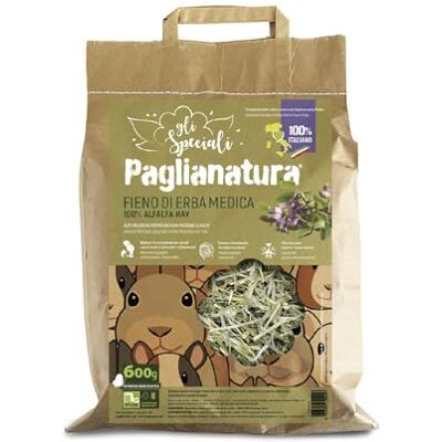 Paglianatura Alfalfa 100% Hooi rijk aan calcium en proteïne voor konijnen en knaagdieren, verpakking van 600 g. Paglianatura Alfalfa 100% Hooi rijk aan calcium en proteïne voor konijnen en knaagdieren, verpakking van 600 g.