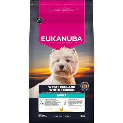 Eukanuba Breed Care West Highland White Terriër Droogvoer, 3 kg Premium hondenvoer met verse kip optimaal op het ras afgestemd voer voor een gezonde huid en glanzende vacht Eukanuba Breed Care West Highland White Terriër Droogvoer, 3 kg Premium hondenvoer met verse kip optimaal op het ras afgestemd voer voor een gezonde huid en glanzende vacht