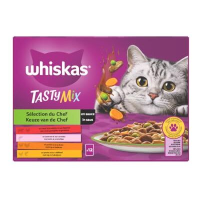 Whiskas Kattenmaaltijd – 48 versheidszakjes (4 verpakkingen van 12 x 85 g) – Tasty Mix Selection du Chef (4 soorten) – natvoer voor volwassen katten in saus – compleet en evenwichtig natvoer Whiskas Kattenmaaltijd – 48 versheidszakjes (4 verpakkingen van 12 x 85 g) – Tasty Mix Selection du Chef (4 soorten) – natvoer voor volwassen katten in saus – compleet en evenwichtig natvoer