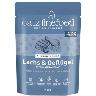 Catz finefood Classic N° 5 nat kattenvoer voor zalm en gevogelte, gourmet natvoer voor je kat zonder suiker en granen, glutenvrij, met een hoog vleesgehalte, Made in Germany, zak van 24 x 85 g Catz finefood Classic N° 5 nat kattenvoer voor zalm en gevogelte, gourmet natvoer voor je kat zonder suiker en granen, glutenvrij, met een hoog vleesgehalte, Made in Germany, zak van 24 x 85 g