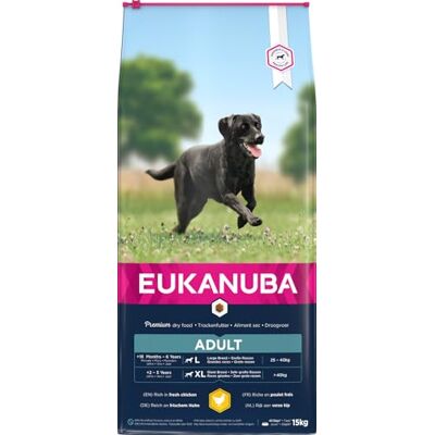 Eukanuba Premium hondenvoer voor volwassenen van grote rassen 100% compleet en uitgebalanceerd Rijk aan verse kip Geen verborgen plantaardige eiwitten, GMO's, conserveermiddelen of kunstmatige smaakstoffen 15 kg Eukanuba Premium hondenvoer voor volwassenen van grote rassen 100% compleet en uitgebalanceerd Rijk aan verse kip Geen verborgen plantaardige eiwitten, GMO's, conserveermiddelen of kunstmatige smaakstoffen 15 kg