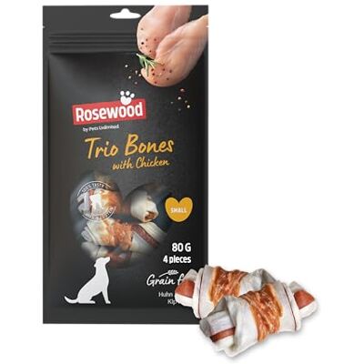Rosewood Trio Bones Kip Small Stevige Kauwbotjes met Kip, Runderhuid Kauwsnack voor Kleine Honden, Ondersteunt Gebitsverzorging, Zonder Granen, Zonder Kunstmatige Toevoegingen, 80 g Rosewood Trio Bones Kip Small Stevige Kauwbotjes met Kip, Runderhuid Kauwsnack voor Kleine Honden, Ondersteunt Gebitsverzorging, Zonder Granen, Zonder Kunstmatige Toevoegingen, 80 g