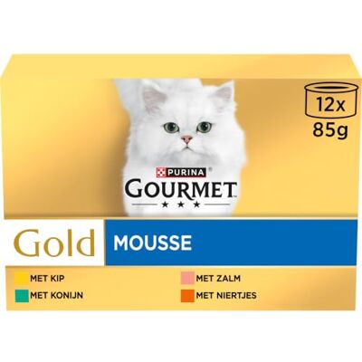 Gourmet Gold Kat Les Mousselines Kip, Zalm, Nieren, Konijn 12 x 85 g Set Van 8 Doos Gourmet Gold Kat Les Mousselines Kip, Zalm, Nieren, Konijn 12 x 85 g Set Van 8 Doos