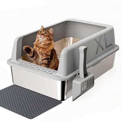 Gimars RVS kattenbak met kattenbakmat, lichtgrijs Gimars RVS kattenbak met kattenbakmat, lichtgrijs