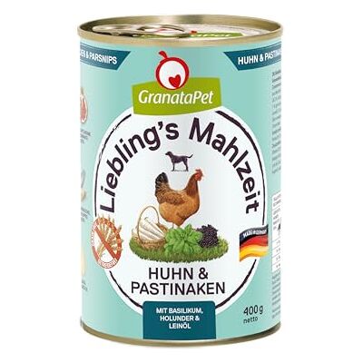 GranataPet Lieblings's Maaltijd kip & pastinaak, natvoer voor honden, hondenvoer zonder granen en zonder suikertoevoegingen, volledig voer, 6 x 400 g Compleet voer, graanvrij, zonder toegevoegde suiker, groene mossel, made in Germany GranataPet Lieblings's Maaltijd kip & pastinaak, natvoer voor honden, hondenvoer zonder granen en zonder suikertoevoegingen, volledig voer, 6 x 400 g Compleet voer, graanvrij, zonder toegevoegde suiker, groene mossel, made in Germany