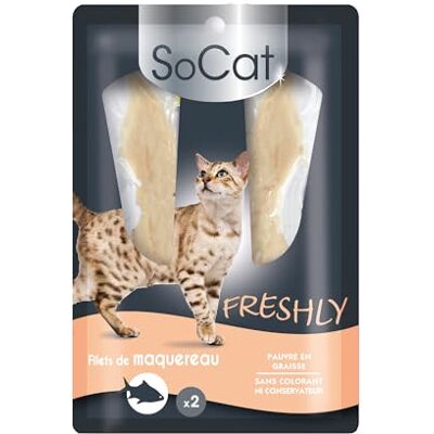 Riga SoCat Freshly Kattentraktaties Zachte makreelfilet Rijk aan eiwitten Vetarm Zonder kleurstoffen of conserveringsmiddelen Ideale beloning 2 x 12 g Riga SoCat Freshly Kattentraktaties Zachte makreelfilet Rijk aan eiwitten Vetarm Zonder kleurstoffen of conserveringsmiddelen Ideale beloning 2 x 12 g