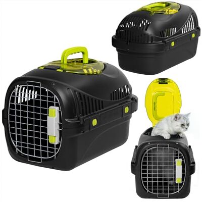 Peluvio Safy Katten Transportbox tot 5 kg – Kunststof Reiskennel voor Auto met Bovenluik, Metalen Deur met Dubbele Vergrendeling, Ventilatie, Uitneembaar Rooster en Voerbak, Lichtgewicht 1,5 kg, Zwart Peluvio Safy Katten Transportbox tot 5 kg – Kunststof Reiskennel voor Auto met Bovenluik, Metalen Deur met Dubbele Vergrendeling, Ventilatie, Uitneembaar Rooster en Voerbak, Lichtgewicht 1,5 kg, Zwart