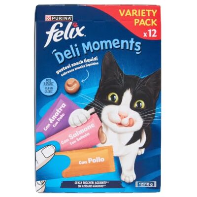 Felix Deli Moments Vloeibare snacks voor volwassen katten met kip, zalm en eend, variëteitenverpakking met 12 verpakkingen à 10 g Felix Deli Moments Vloeibare snacks voor volwassen katten met kip, zalm en eend, variëteitenverpakking met 12 verpakkingen à 10 g
