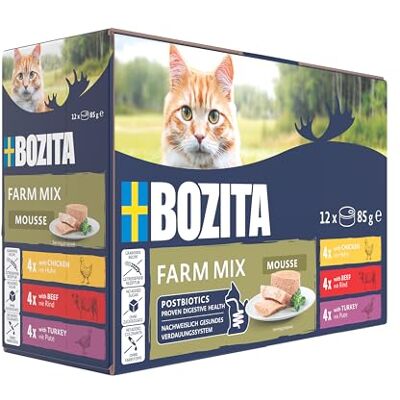 Bozita Mousse Farm Mix 12 x 85 g natvoer voor gourmet katten in kleine doses met postbiotica ter ondersteuning van een gezonde darmflora met kip, rundvlees en kalkoen compleet voer Bozita Mousse Farm Mix 12 x 85 g natvoer voor gourmet katten in kleine doses met postbiotica ter ondersteuning van een gezonde darmflora met kip, rundvlees en kalkoen compleet voer