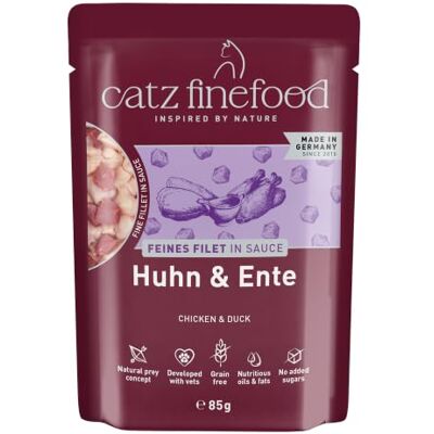 Catz finefood Kip & Eend Fijne filet Adult kattenvoer nat, graanvrij, zonder toevoegingen van suiker, met zonnebloemolie voor een evenwichtige spijsvertering, Made in Germany (16 x 85 g zak) Catz finefood Kip & Eend Fijne filet Adult kattenvoer nat, graanvrij, zonder toevoegingen van suiker, met zonnebloemolie voor een evenwichtige spijsvertering, Made in Germany (16 x 85 g zak)