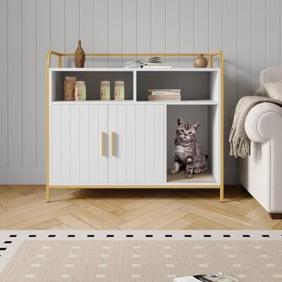 Garvee Moderne kattenbakkast van hout, met planken, ventilatieopeningen en zijdelingse ingang, verbergt de kattenbak en dient als hondenhok, wit Garvee Moderne kattenbakkast van hout, met planken, ventilatieopeningen en zijdelingse ingang, verbergt de kattenbak en dient als hondenhok, wit