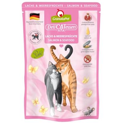 GranataPet DeliCatessen zalm & zeevruchten, natte voer voor je kat, voedsel voor katten zonder granen en zonder toegevoegde suikers, lekker en gezond voer voor gourmets, 6 x 85 g blikken GranataPet DeliCatessen zalm & zeevruchten, natte voer voor je kat, voedsel voor katten zonder granen en zonder toegevoegde suikers, lekker en gezond voer voor gourmets, 6 x 85 g blikken