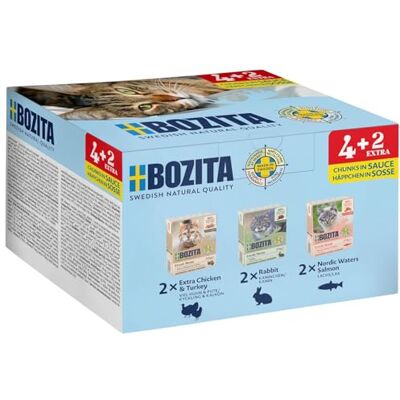 Bozita Tetra Probeerpakket in saus met veel kip en kalkoen, konijnen, zalm, 4+2-6 x 370 g, graan- en suikervrij premium kattenvoer, zonder genetische manipulatie, met 7,5% eiwit en 5% vetgehalte Bozita Tetra Probeerpakket in saus met veel kip en kalkoen, konijnen, zalm, 4+2-6 x 370 g, graan- en suikervrij premium kattenvoer, zonder genetische manipulatie, met 7,5% eiwit en 5% vetgehalte