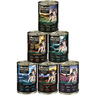 Dehner Wild Nature Hondenvoer proefset, natvoer graanvrij/suikervrij, voor volwassen honden, eend/paard/wild/konijnen, 6 x 400 g blik (2,4 kg) Dehner Wild Nature Hondenvoer proefset, natvoer graanvrij/suikervrij, voor volwassen honden, eend/paard/wild/konijnen, 6 x 400 g blik (2,4 kg)