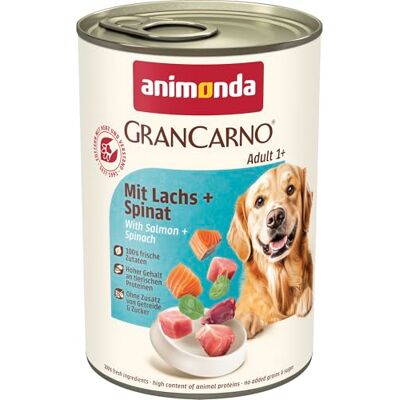 Grancarno Honden natvoer met zalm + spinazie (6 x 400 g), hondenvoer nat zonder granen en suiker van animonda, voor volwassen honden, met verse vleselijke ingrediënten Grancarno Honden natvoer met zalm + spinazie (6 x 400 g), hondenvoer nat zonder granen en suiker van animonda, voor volwassen honden, met verse vleselijke ingrediënten