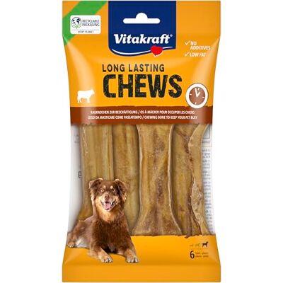 Vitakraft Chews, hondensnack, 14 cm lang, langdurige kauwbotten, voor intensieve bezigheid, van gedroogde en geperste runderhuid, voor grote honden (1 x 6 stuks) Vitakraft Chews, hondensnack, 14 cm lang, langdurige kauwbotten, voor intensieve bezigheid, van gedroogde en geperste runderhuid, voor grote honden (1 x 6 stuks)