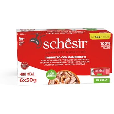 Schesir , Skipjacktonijn Met Garnalen In Gelei, Volledig Natvoer Voor Katten, Met Toegevoegde Vitaminen, 100% Natuurlijk, Cruelty-Free, 6 x 50 g Schesir , Skipjacktonijn Met Garnalen In Gelei, Volledig Natvoer Voor Katten, Met Toegevoegde Vitaminen, 100% Natuurlijk, Cruelty-Free, 6 x 50 g