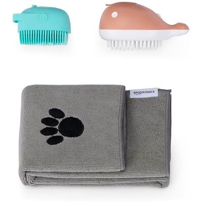 Amazon Basics hondenbadborstel met shampoodispenser en sneldrogende doek, 2 borstels Amazon Basics hondenbadborstel met shampoodispenser en sneldrogende doek, 2 borstels