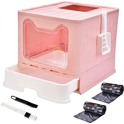 Panghuhu88 Opvouwbare kattenbak met deksel, groot kattentoilet met boveningang, ingesloten kattenpotje inclusief kattenbakschep, lade type eenvoudig schoon te maken kattenbakvulling (roze, 50,8 cm L x Panghuhu88 Opvouwbare kattenbak met deksel, groot kattentoilet met boveningang, ingesloten kattenpotje inclusief kattenbakschep, lade type eenvoudig schoon te maken kattenbakvulling (roze, 50,8 cm L x