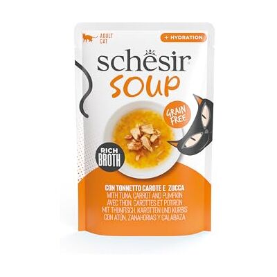 Schesir , Soep met Tonijnfilets, Wortel en Pompoen, in zakje, aanvullend natvoer voor katten, origineel recept, 100% natuurlijk, Cruelty-Free, 12 x 40 g Schesir , Soep met Tonijnfilets, Wortel en Pompoen, in zakje, aanvullend natvoer voor katten, origineel recept, 100% natuurlijk, Cruelty-Free, 12 x 40 g