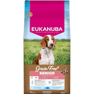 Eukanuba Senior Hondenvoer granenvrij met vis voor kleine en middelgrote rassen, premium droogvoer zonder granen voor oudere honden, 12 kg Eukanuba Senior Hondenvoer granenvrij met vis voor kleine en middelgrote rassen, premium droogvoer zonder granen voor oudere honden, 12 kg
