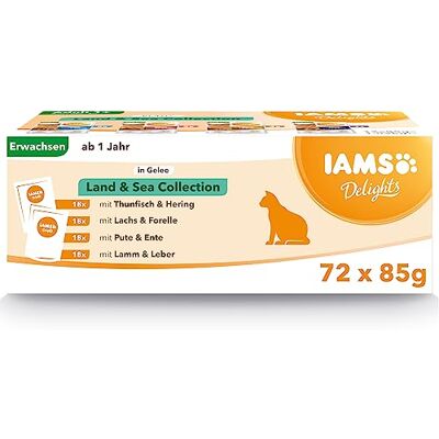 IAMS Delights natvoer (zakjes) voor volwassen katten in diverse vlees- en vissmaken land and sea collection in gelei, 6,12 kg IAMS Delights natvoer (zakjes) voor volwassen katten in diverse vlees- en vissmaken land and sea collection in gelei, 6,12 kg