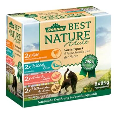 Dehner Best Nature Adult Cat Food, Multipack, 2 x kalf, wild, kip en konijn, in een zakje, 8 x 85 g (680 g) Dehner Best Nature Adult Cat Food, Multipack, 2 x kalf, wild, kip en konijn, in een zakje, 8 x 85 g (680 g)