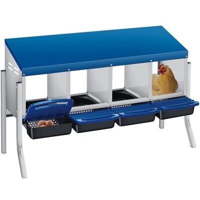 Garvee Nestkast voor kippen, legkippen met 4 vakken met steunpoten, nestkast van verzinkt staal met automatische eierverzameling, blauw dak en afneembare dienbladen voor kippenhok voor buiten Garvee Nestkast voor kippen, legkippen met 4 vakken met steunpoten, nestkast van verzinkt staal met automatische eierverzameling, blauw dak en afneembare dienbladen voor kippenhok voor buiten